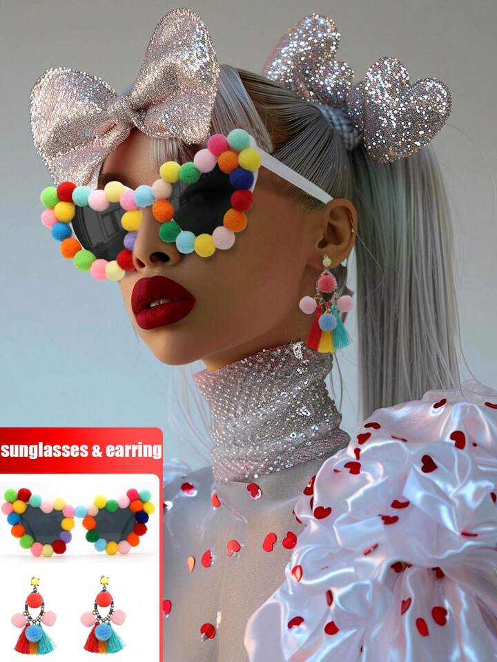 Bohemian Sunglasses & Colorful Velvet Ball Earrings