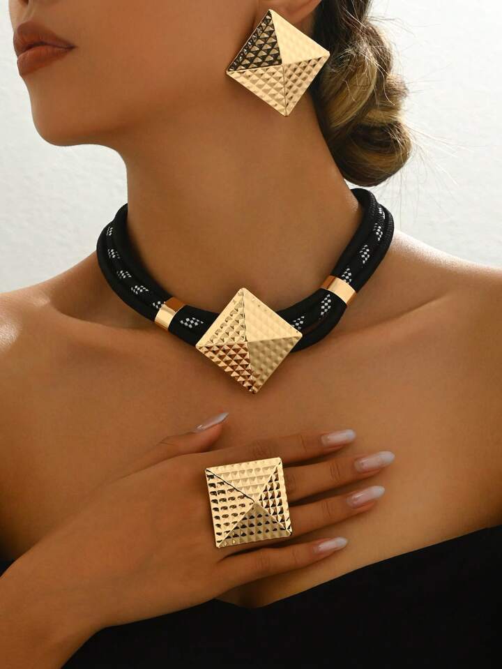 4-Layer Geometric Square Necklace Set