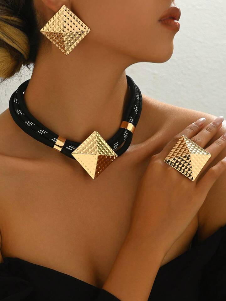 4-Layer Geometric Square Necklace Set