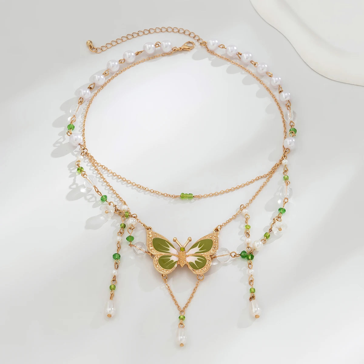 Multi-Layer Pearl Bead Necklace with Butterfly Pendant