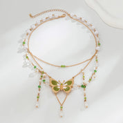 Multi-Layer Pearl Bead Necklace with Butterfly Pendant