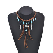 Woven Tribal Necklace with Brown Leather Cord