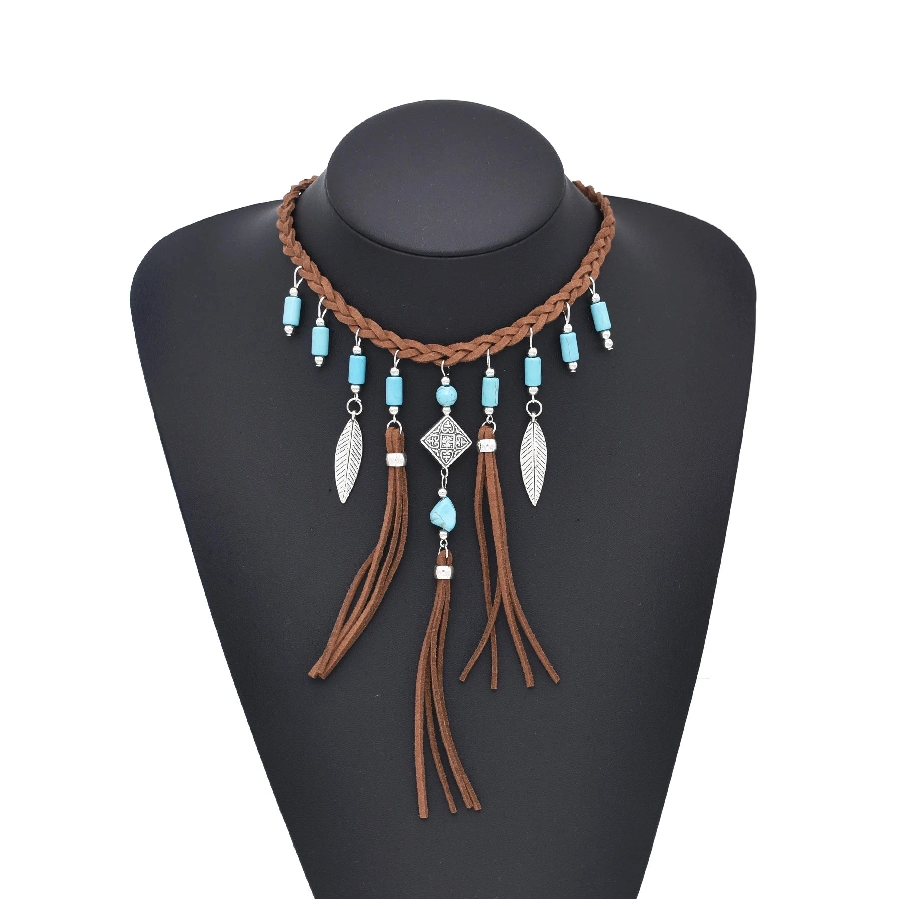 Woven Tribal Necklace with Brown Leather Cord
