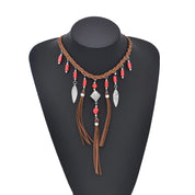 Woven Tribal Necklace with Brown Leather Cord