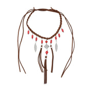 Woven Tribal Necklace with Brown Leather Cord