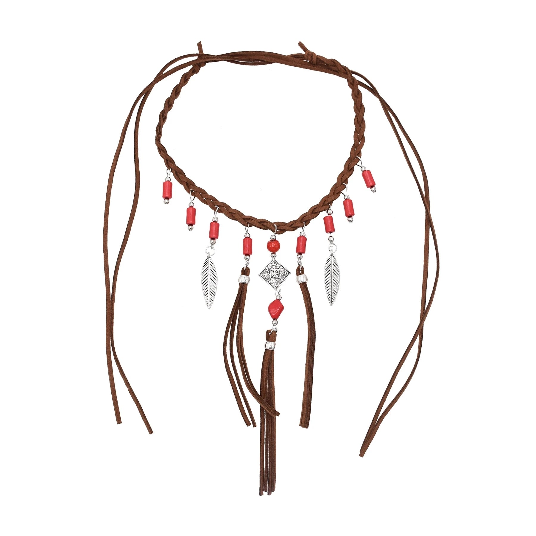 Woven Tribal Necklace with Brown Leather Cord