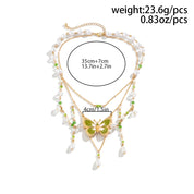 Multi-Layer Pearl Bead Necklace with Butterfly Pendant