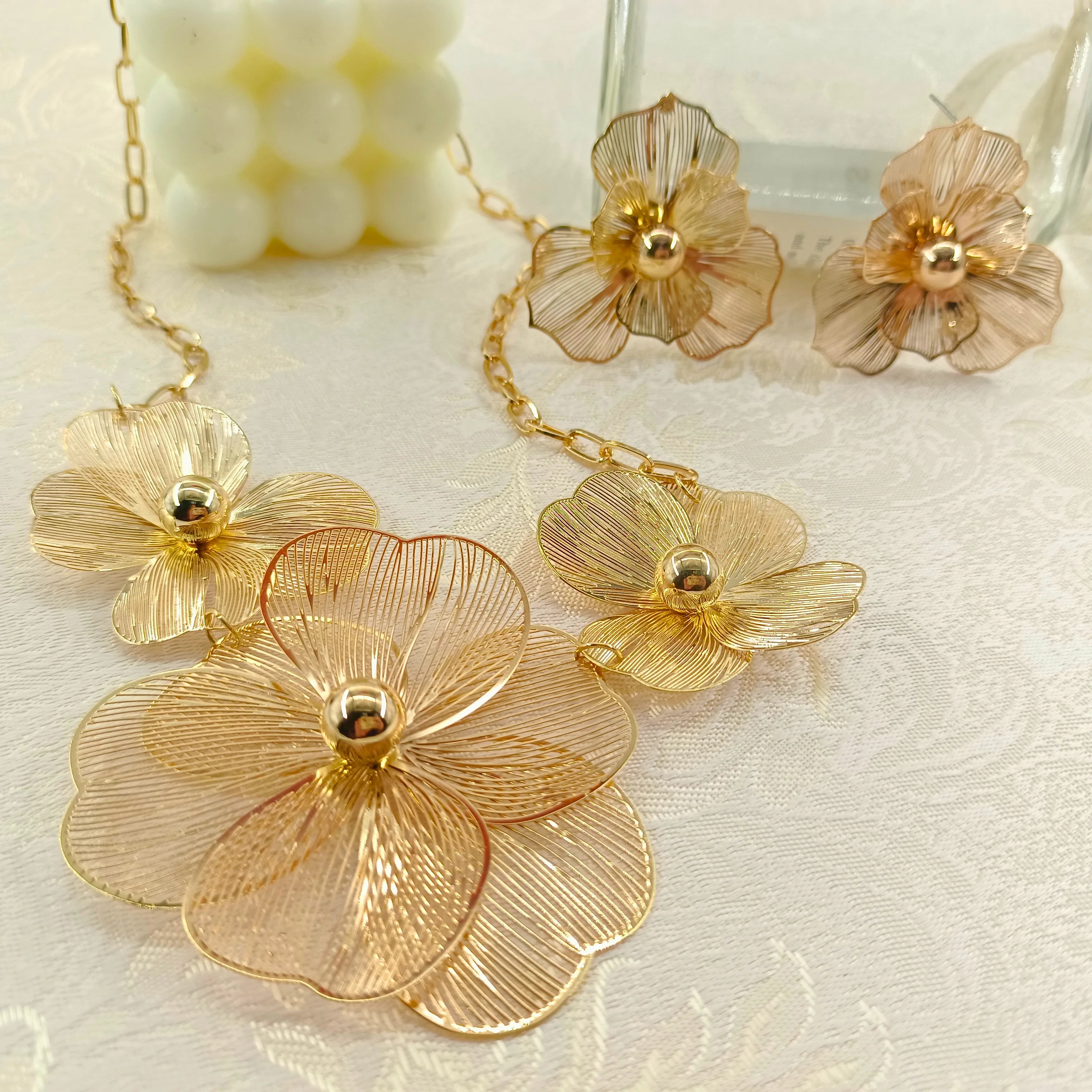 Flower Metal Necklace and Earring Set