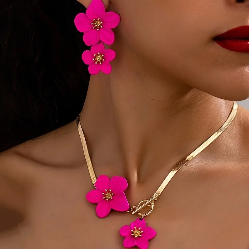 Flower Pendant Necklace with Matching Earrings