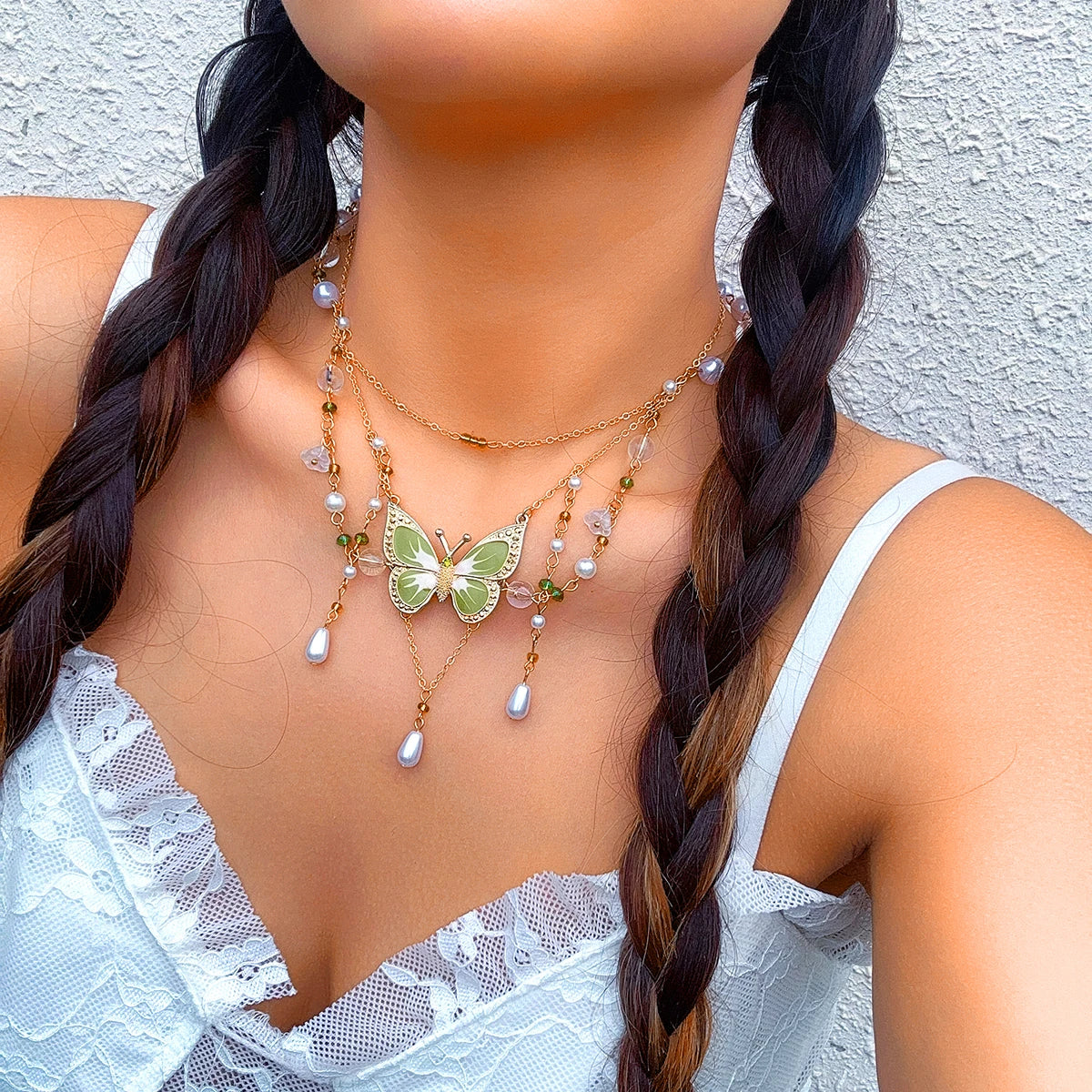 Multi-Layer Pearl Bead Necklace with Butterfly Pendant