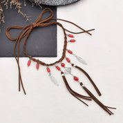 Woven Tribal Necklace with Brown Leather Cord