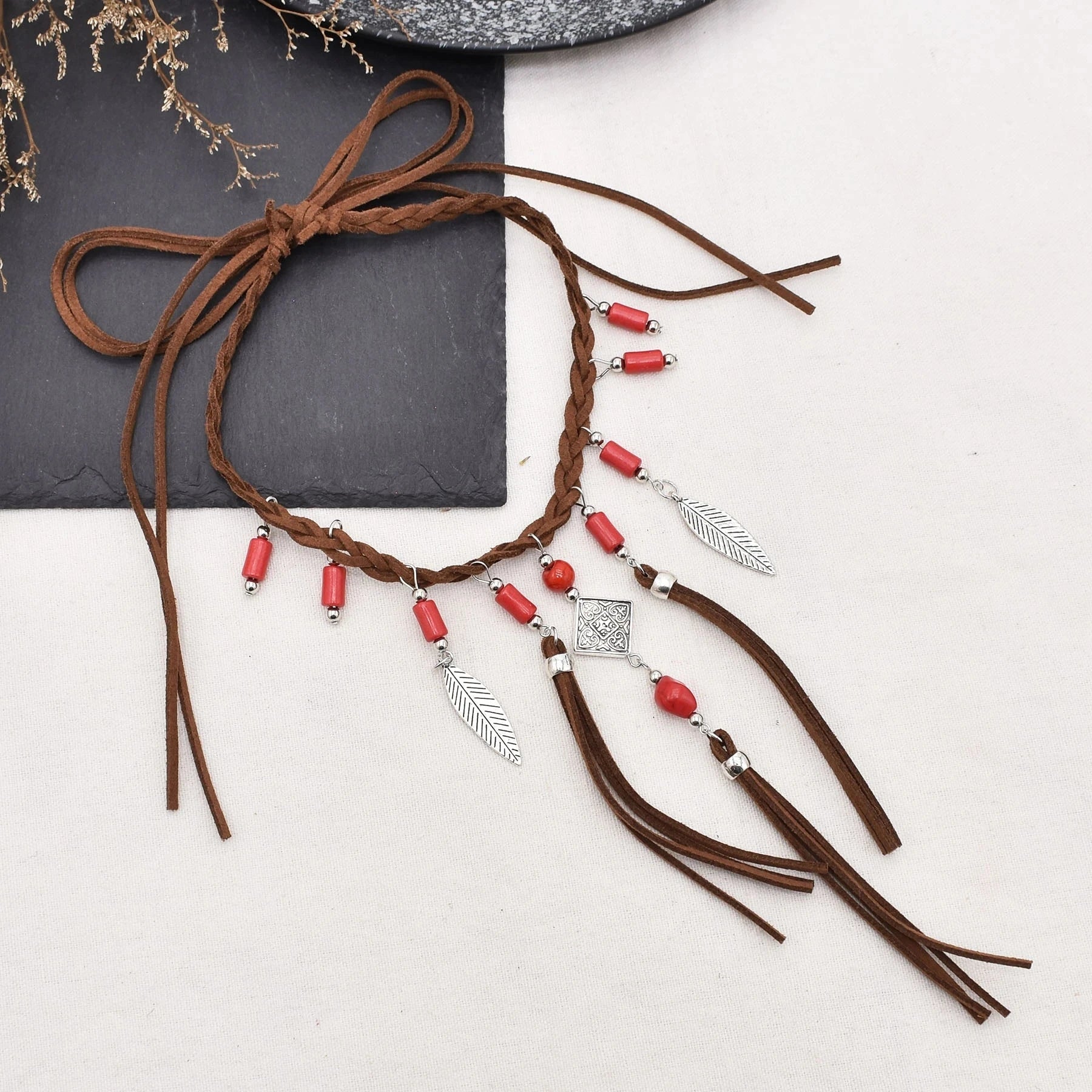 Woven Tribal Necklace with Brown Leather Cord