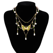 Multi-Layer Pearl Bead Necklace with Butterfly Pendant