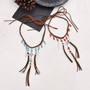 Woven Tribal Necklace with Brown Leather Cord