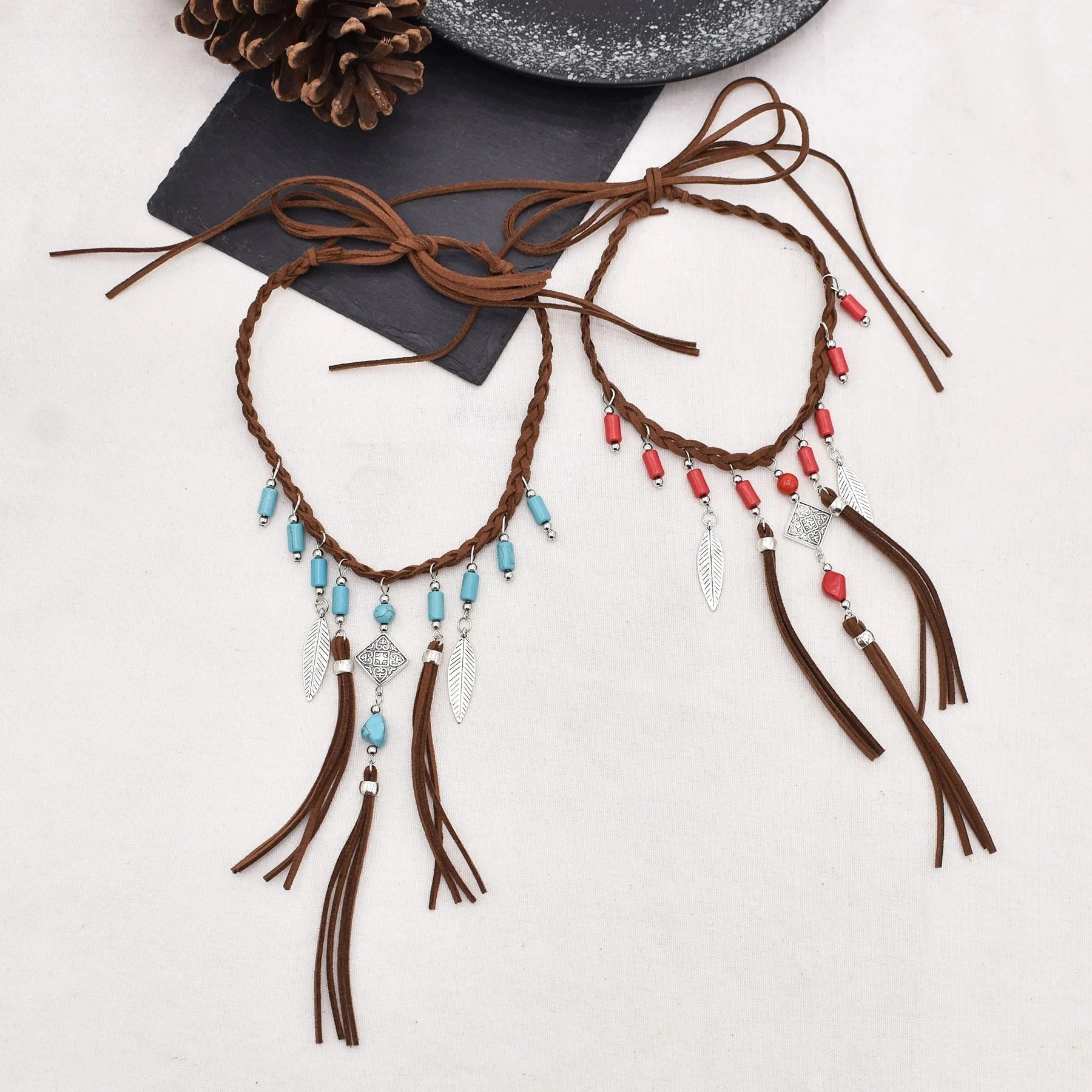 Woven Tribal Necklace with Brown Leather Cord