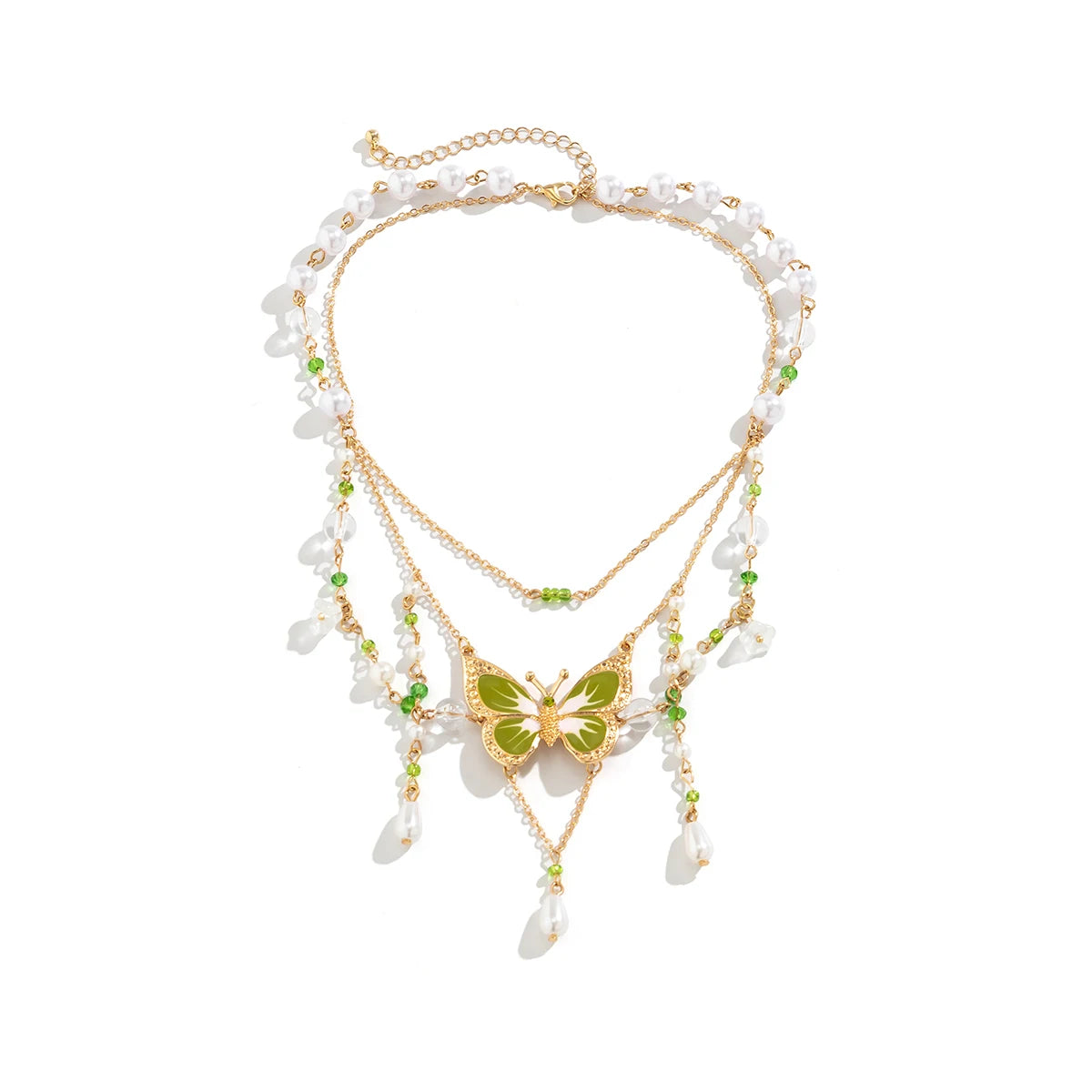 Multi-Layer Pearl Bead Necklace with Butterfly Pendant