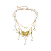 Multi-Layer Pearl Bead Necklace with Butterfly Pendant
