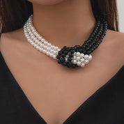 Ddmyoon Dainty Pearl Choker - سلسلة عظم الترقوة الفرنسية ، Fabric Multi -Layer Moon Choker