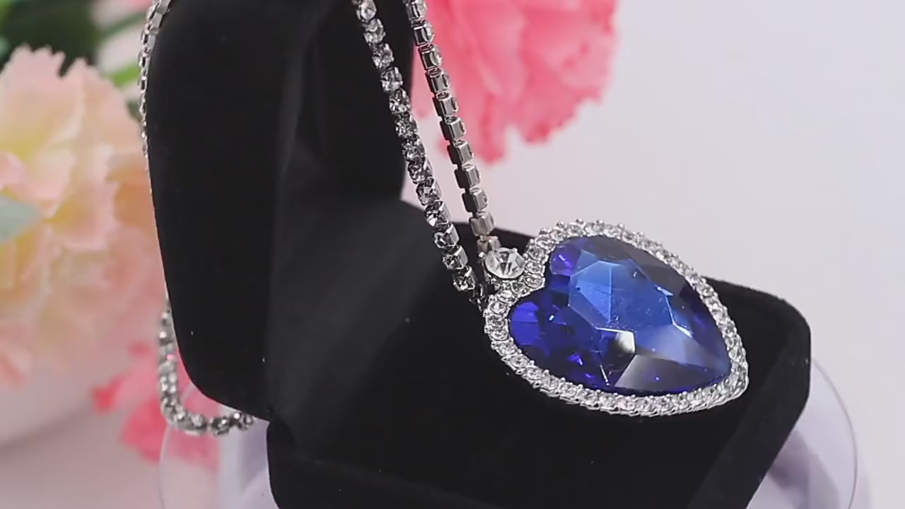 Titanic Blue Ocean Heart "Love Forever" necklace with velvet pouch.