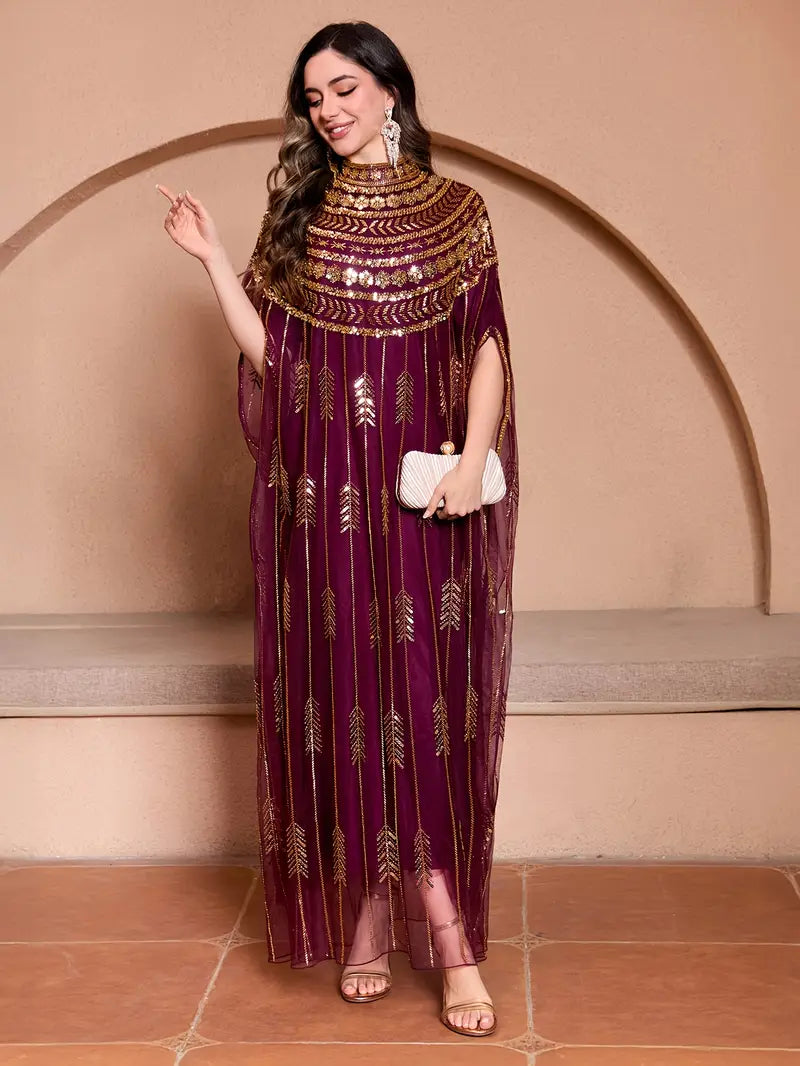 Black & Gold Embellished Cape Maxi Dress