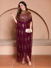 Black & Gold Embellished Cape Maxi Dress