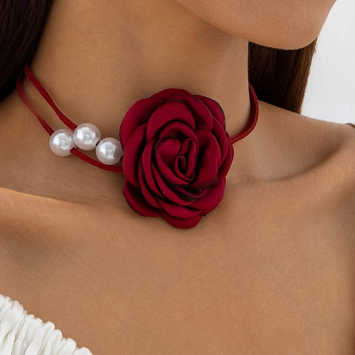 Burgundy Rose Pearl Choker Necklace – Floral Pearl Choker with Elegant Beaded Design