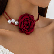 Burgundy Rose Pearl Choker Necklace – Floral Pearl Choker with Elegant Beaded Design
