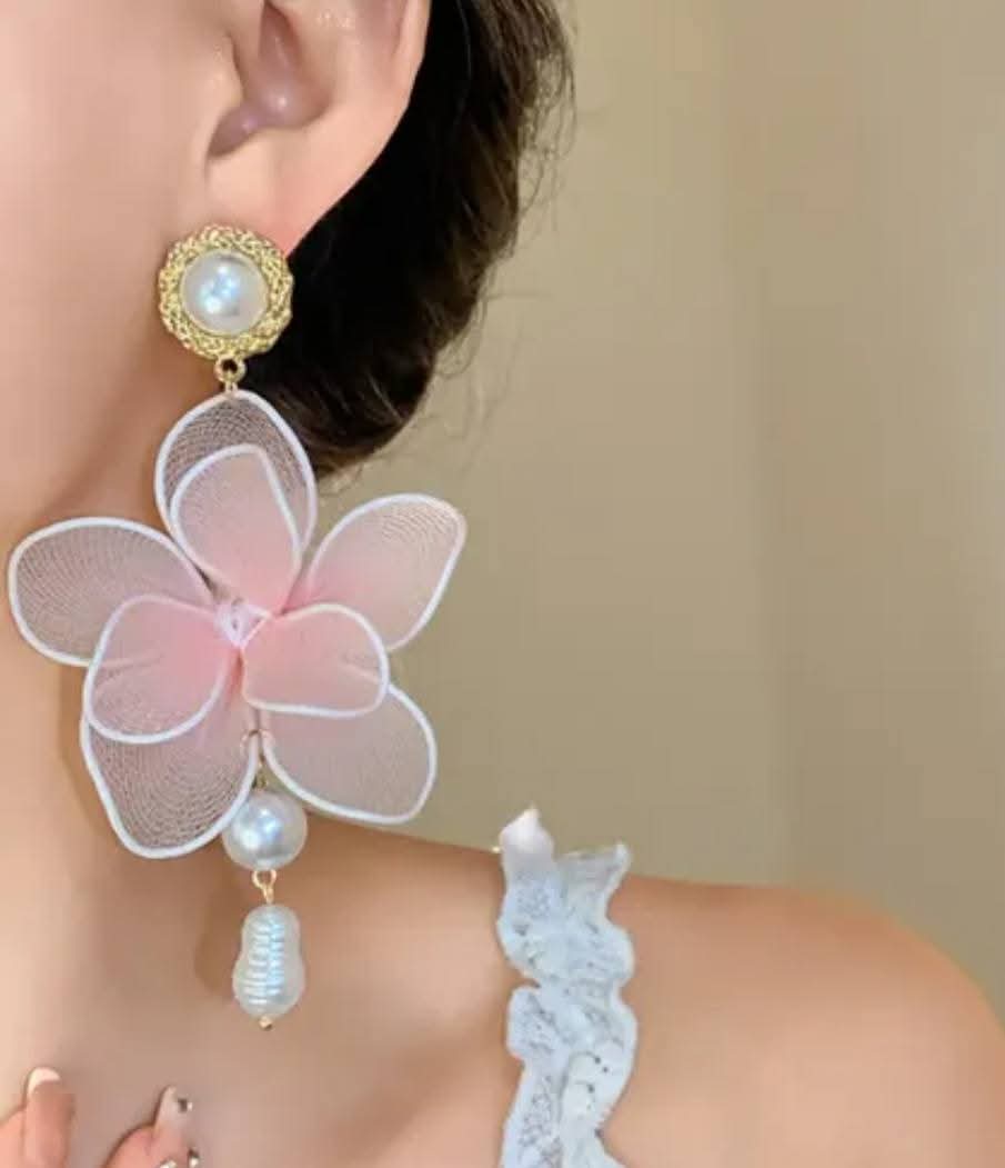 Pink Tulle Flower Drop Earrings with Pearl Accents
