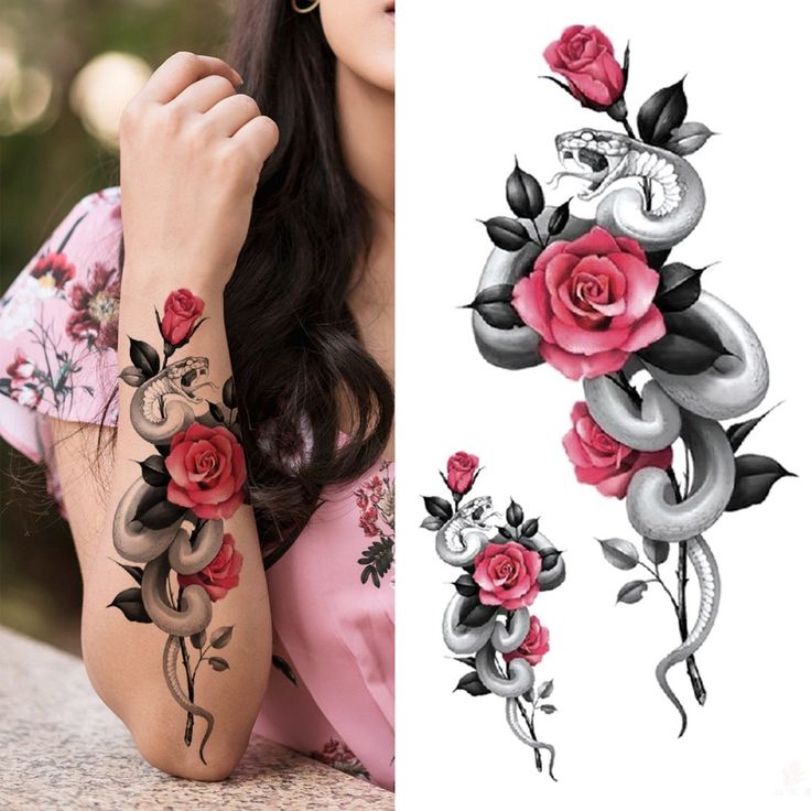 Tattoo Sticker, 1pc Flower & Snake Pattern Disposable Tattoo for Women, Rose Flower Adult Tattoo Decals, Realistic Fake Tattoo for Women and Girls