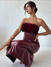 Additional information
Elegant Angora Red PU Dress With Fur Maxi Dress