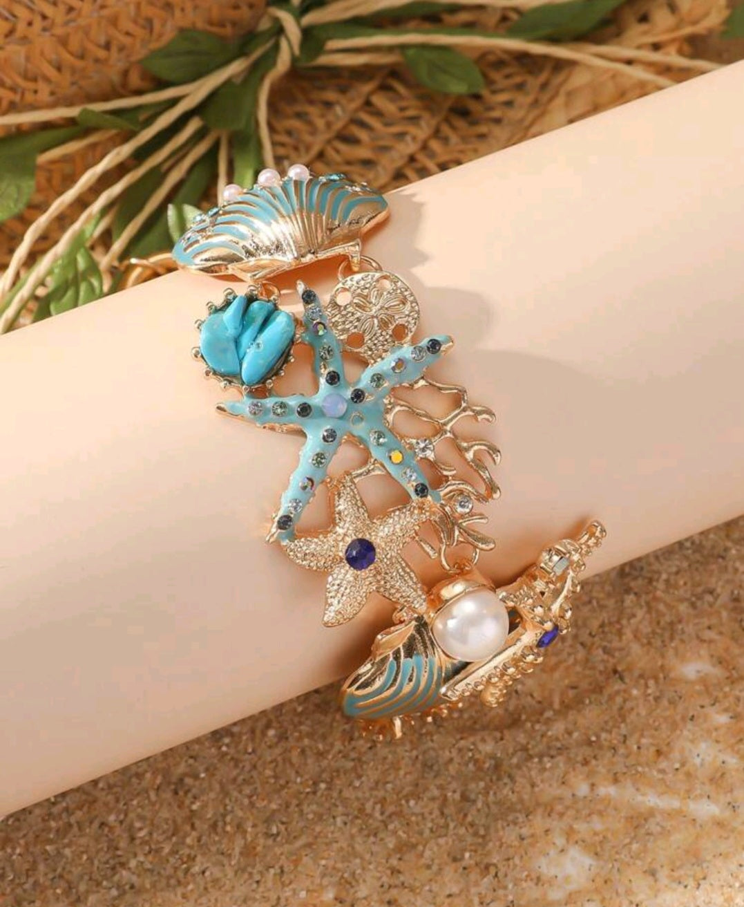 1pc New Bohemian Style Vintage Oceanic Shell & Starfish Inlaid Rhinestone Heavy-Duty Women's Bangle Bracelet