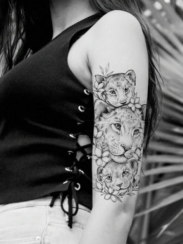 Beautiful temporary tattoo of a lion family with flowers. Elegant and detailed design. Perfect for showcasing a unique look. – Easy to apply and remove.