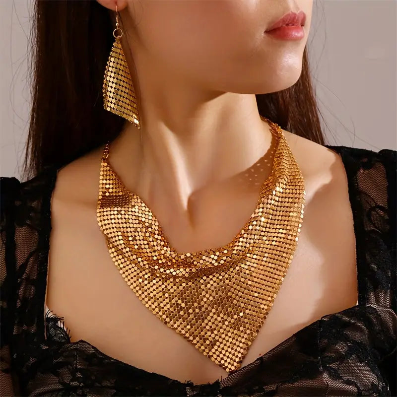 European and American triangle scarf sequined silk scarf gold necklace and earring set,