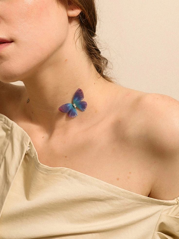Simple Blue Imitation Butterfly Pendant Necklace for Women, Boho Chain Choker, Summer Beach Party Trendy Jewelry Accessories