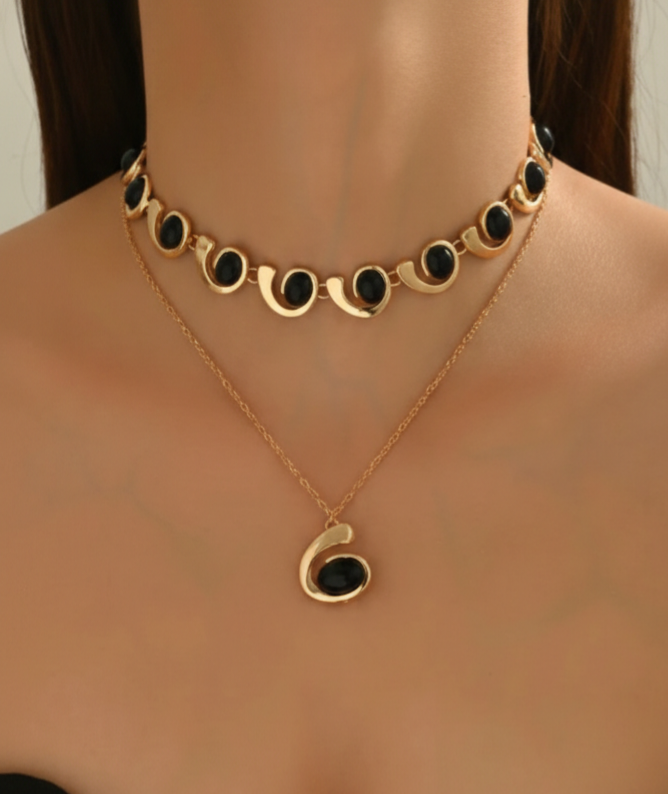 Elegant Black Stone Layered Gold Necklace Set