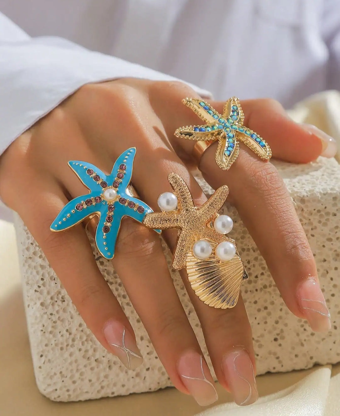 SHEIN Beach Holiday Style Shiny Rhinestone & Pearl Seashell Open Ring