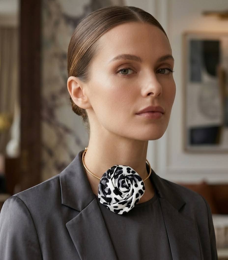 Black and White Leopard Print Rosette Choker Necklace