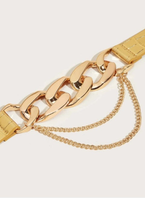Wide elastic belt with metal chain buckle for women and girls, PU leather gold belt