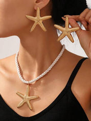 Women’s Boho Necklace & Earring Set – Starfish & Gold-Plated Beads for Holidays and Daily Looks