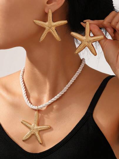 Women’s Boho Necklace & Earring Set – Starfish & Gold-Plated Beads for Holidays and Daily Looks