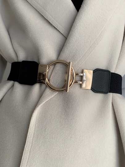 Wide Elastic Waist Belt with Gold Buckle, Black, Medium Width for Women