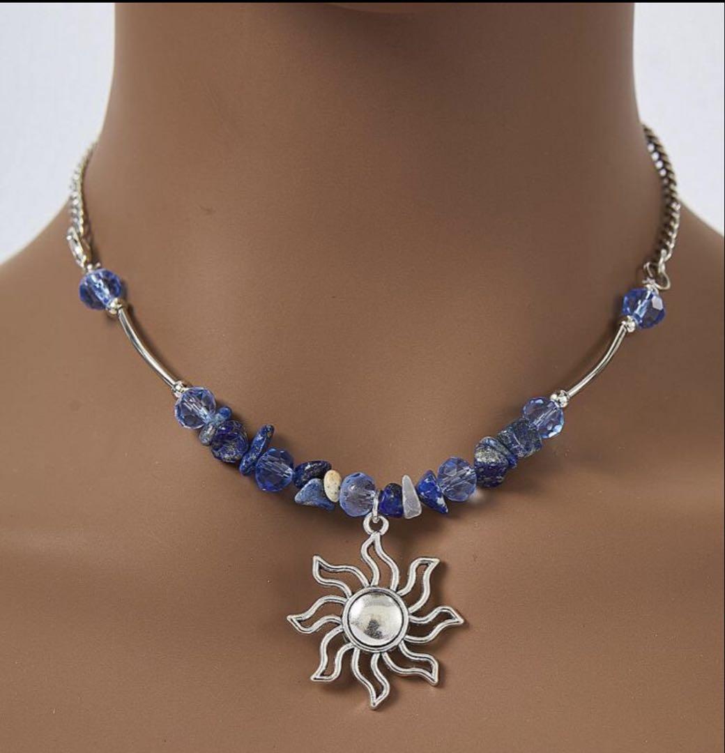 Blue Boho Sun and Stone Silver Necklace
