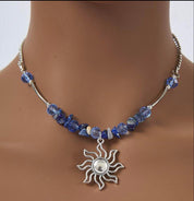Blue Boho Sun and Stone Silver Necklace