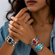 3pc Retro Western-Style Fashion Turquoise Inlaid Elliptical Geometric Bangle Bracelet For Women, Versatile & Elegant Holiday Accessory