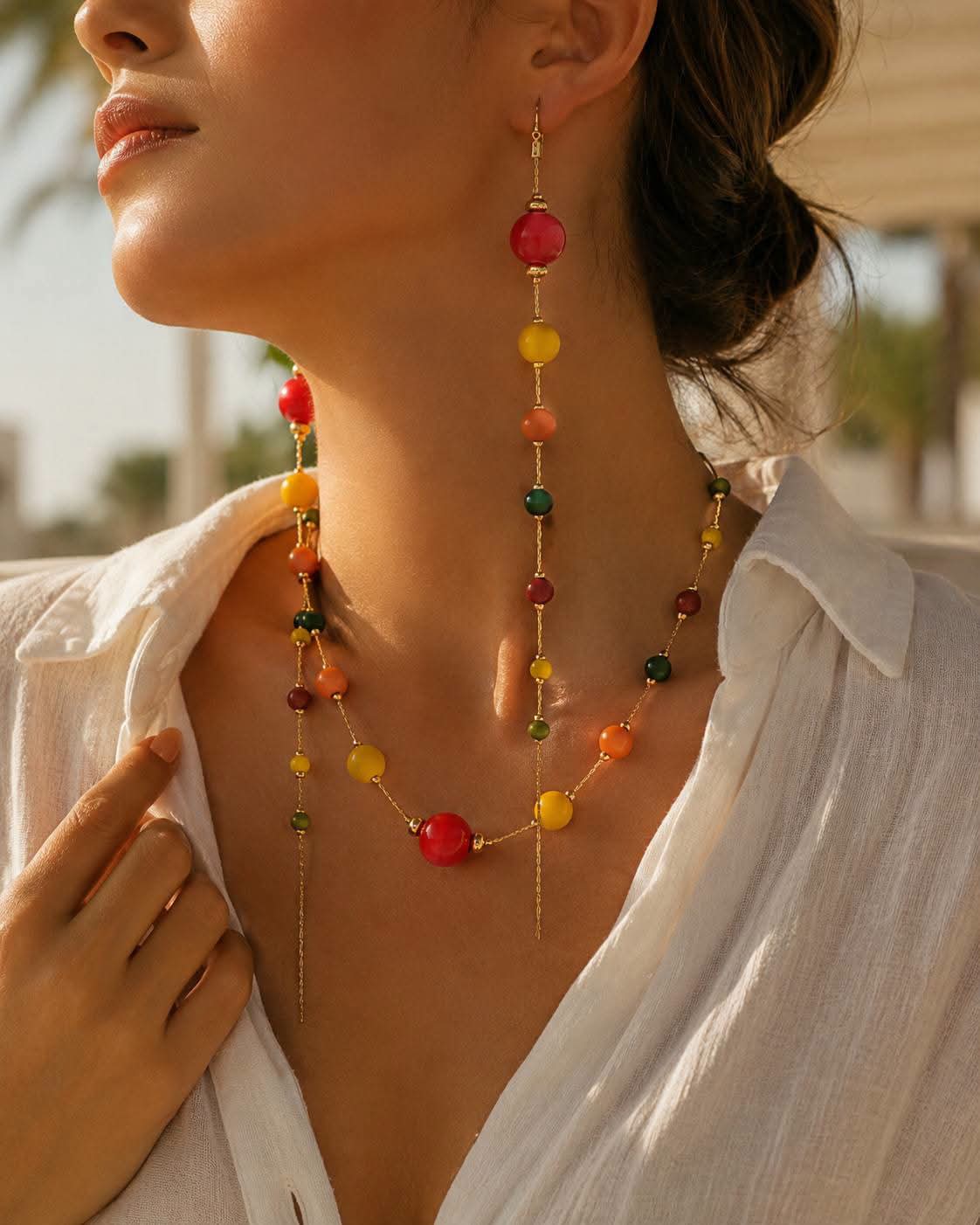 Bohemian Colorful Beaded Necklace & Long Earrings Set