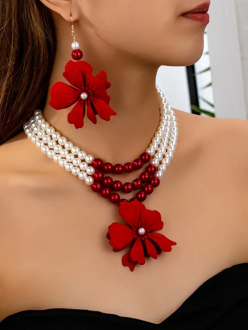 3pcs/Set Women's Jewelry Set, Red Flower 3-Layer Pearl Necklace & Earrings Set, Bohemian Vintage Elegant Fashion Accessories Suitable For Gifts, Parties, Banquets And Daily Wear