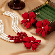 3pcs/Set Women's Jewelry Set, Red Flower 3-Layer Pearl Necklace & Earrings Set, Bohemian Vintage Elegant Fashion Accessories Suitable For Gifts, Parties, Banquets And Daily Wear