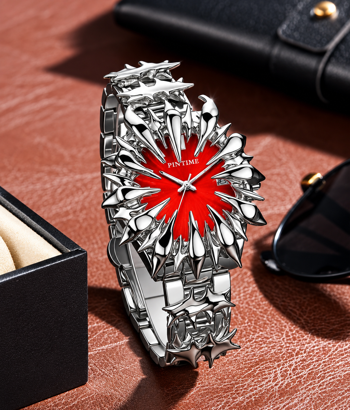 Silver-Tone Sunburst Bracelet Watch with Coral-Orange Dial