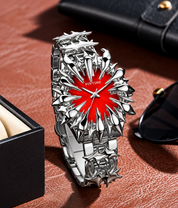 Silver-Tone Sunburst Bracelet Watch with Coral-Orange Dial