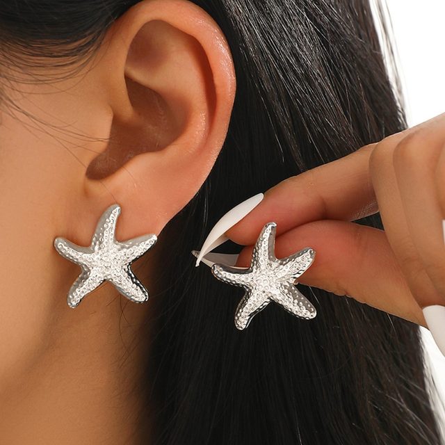 Trendy Imitation Starfish Earrings for Women, Summer Beach Metal Stud Earrings, Gold Color Ear Jewelry for Women